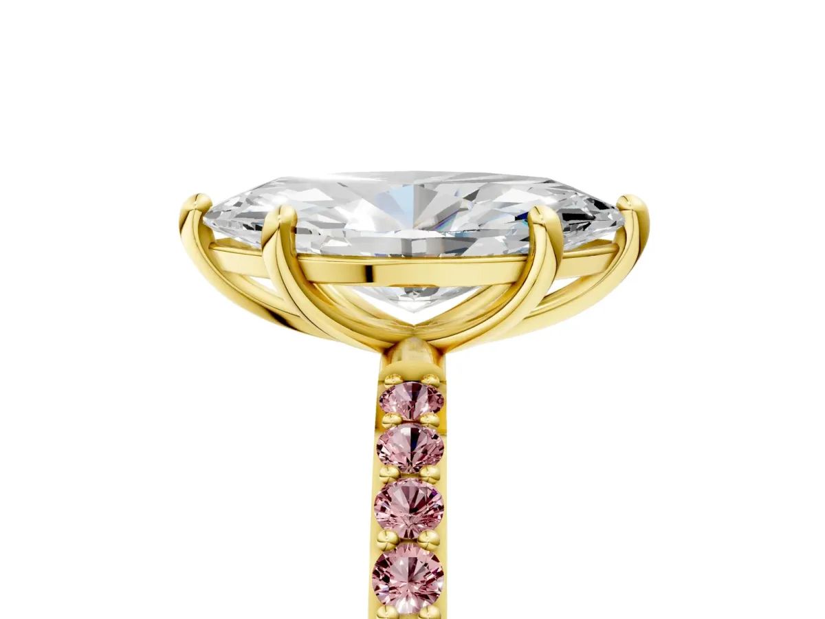 Marquise Cut Diamond Solitaire Ring with Round Morganite Pavé Band and Prong Setting Yellow gold