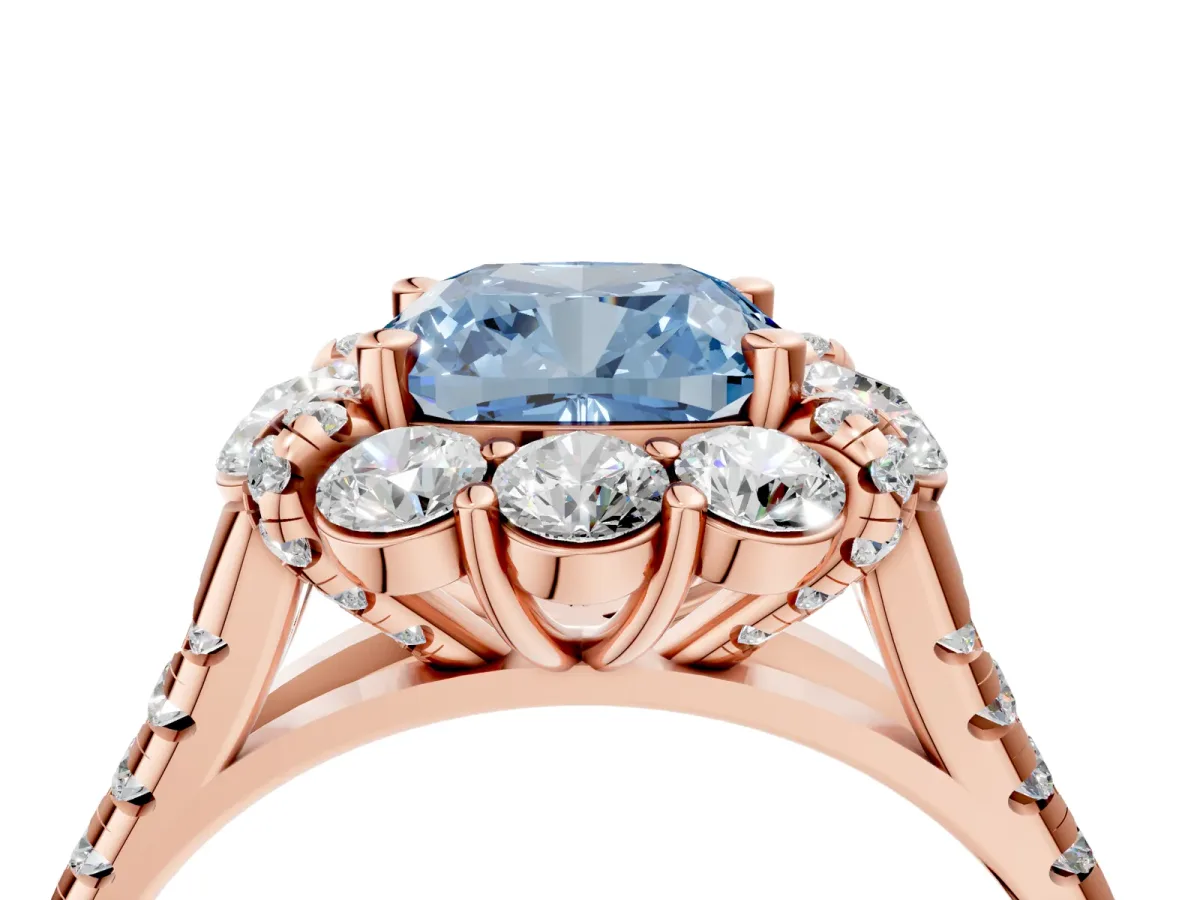 Fancy Blue Cushion Cut Halo Split Shank Diamond Engagement Ring with Pave Band and Four-Prong Setting Rose gold