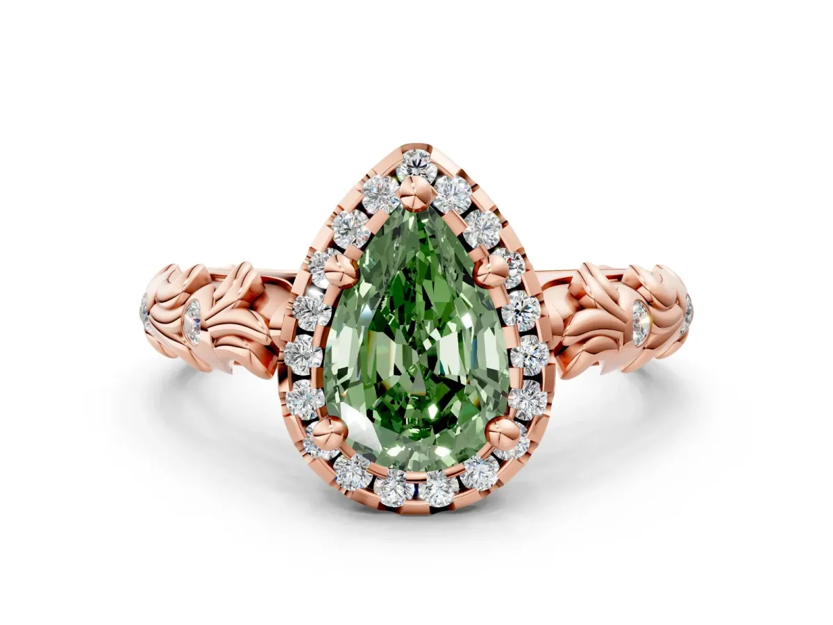 Fancy Green Pear Cut Diamond Halo Ring with Filigree Band and Prong Setting Rose gold