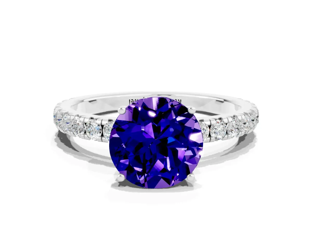 Round Cut Tanzanite Pavé Solitaire Engagement Ring with Four-Prong Setting Silver