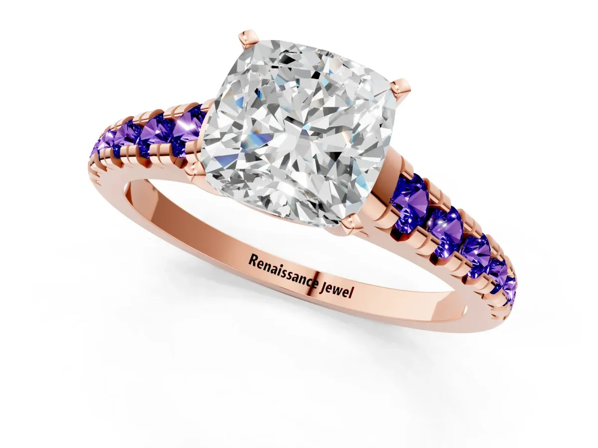 Cushion Cut Diamond Cathedral Solitaire Ring with Round Tanzanite Pavé Band Rose gold