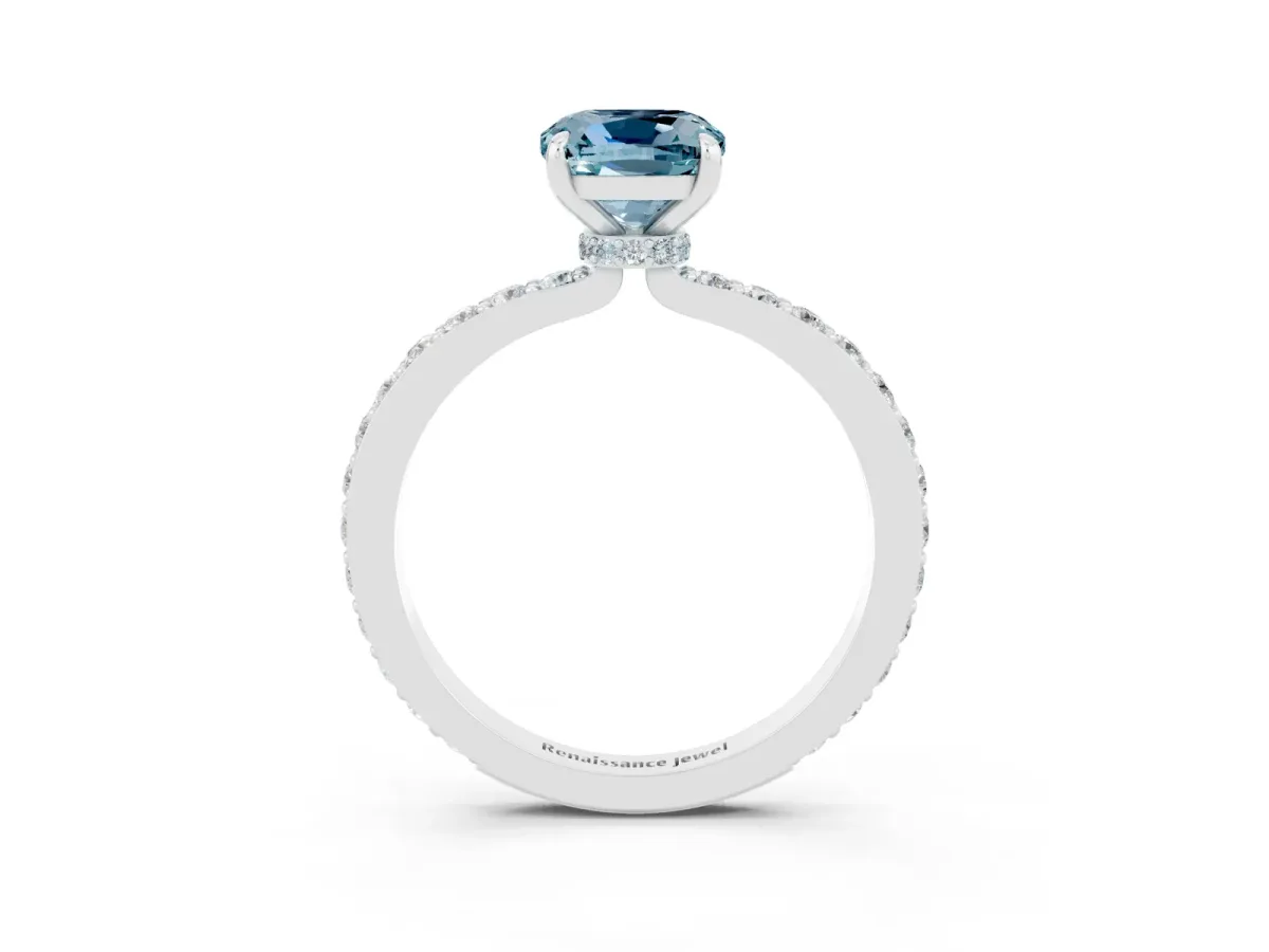 Cushion Cut Aquamarine Pavé Engagement Ring with Round Accents and Prong Setting Platinum