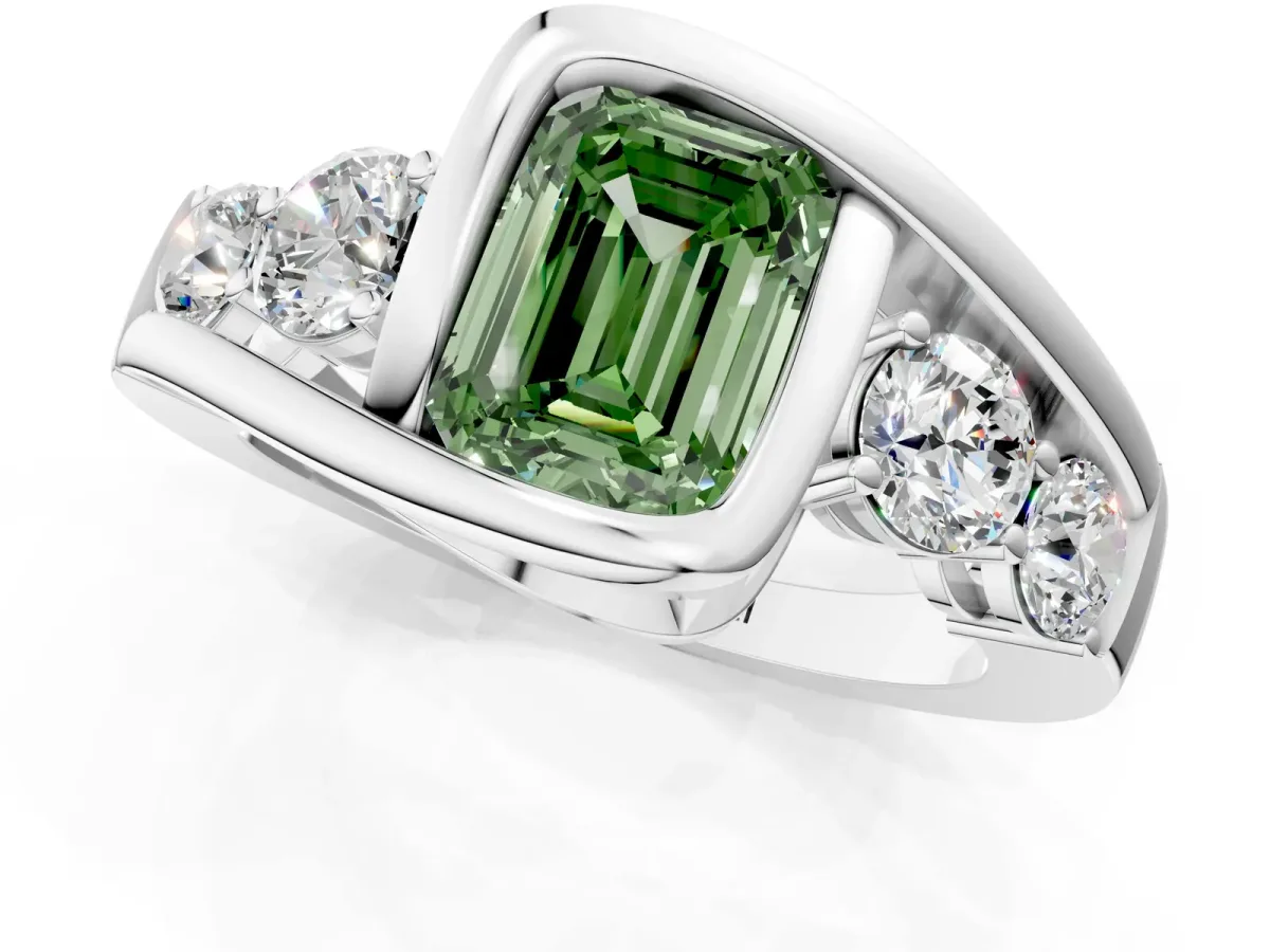 Fancy Green Bezel Set Emerald Cut Diamond Bypass Ring with Round Accents Platinum