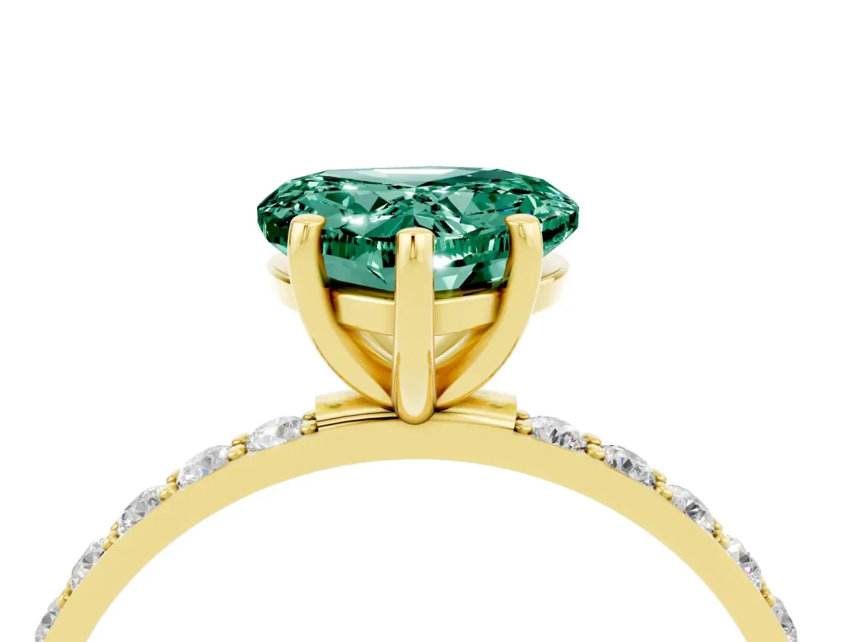 Heart Cut Green Sapphire Solitaire Ring with Round Pavé Band and Prong Setting Yellow gold