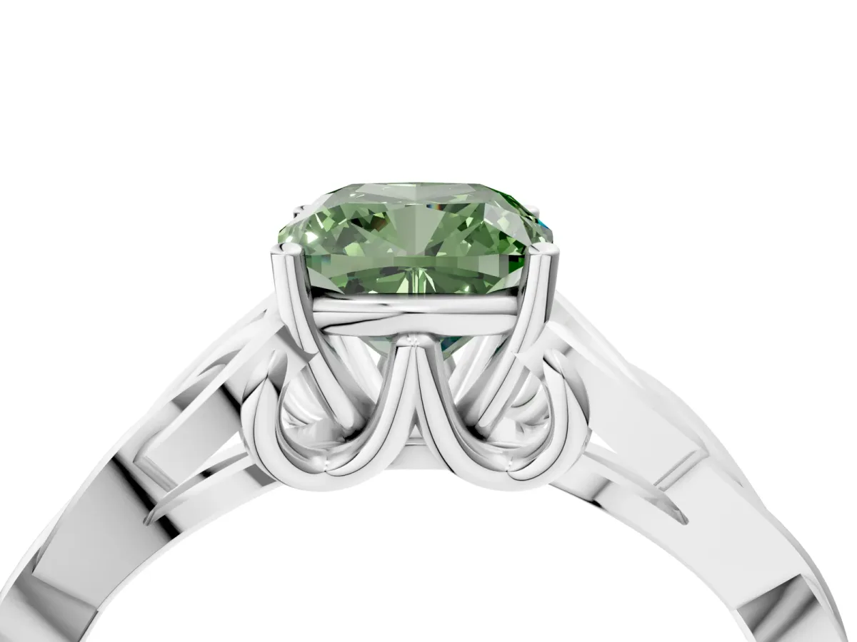 Fancy Green Cushion Cut Diamond Solitaire Engagement Ring with Celtic Knot Band and Four-Prong Setting White gold
