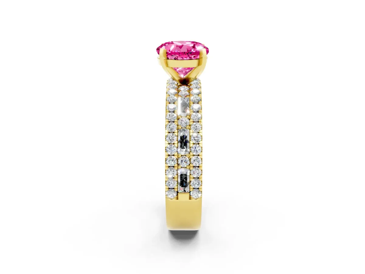 Round Cut Pink Sapphire Solitaire Ring with Pavé and Channel Set Band Yellow gold