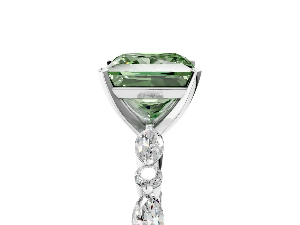 Fancy Green Princess Cut Diamond Ring with Marquise and Round Side Stones and Four-Prong Setting White gold