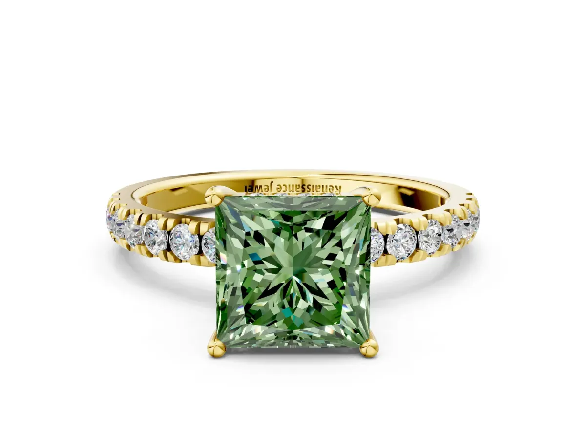 Fancy Green Princess Cut Diamond Pave Band Solitaire Ring with Round and Prong Setting Yellow gold