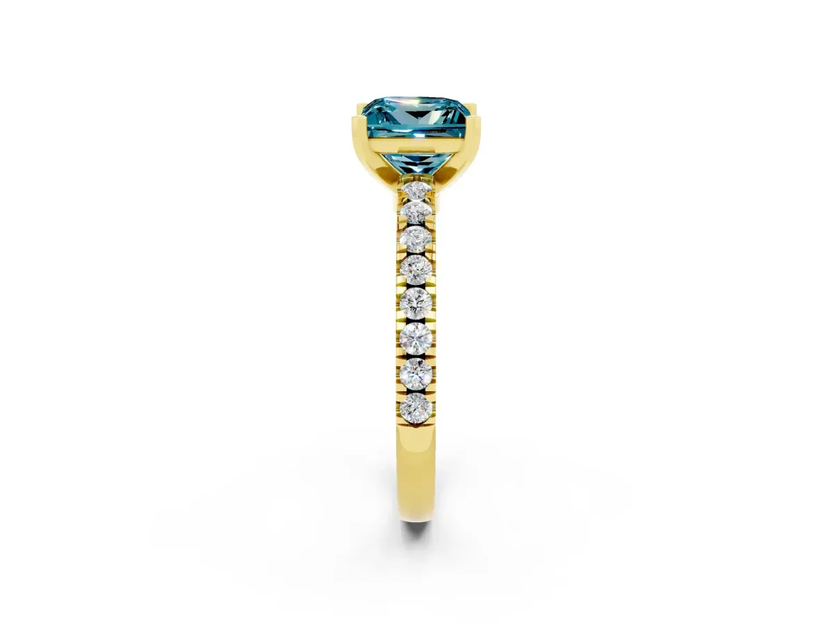 Princess Cut Solitaire Blue Topaz with Pavé Band and Four-Prong Setting Yellow gold