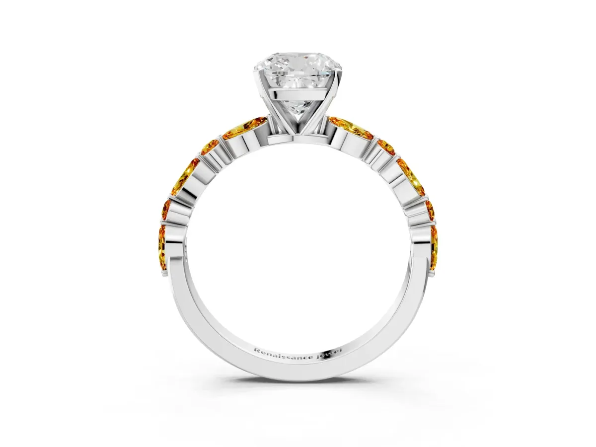Cushion Cut Diamond Ring with Marquise and Round Citrine Side Stones and Four-Prong Setting White gold