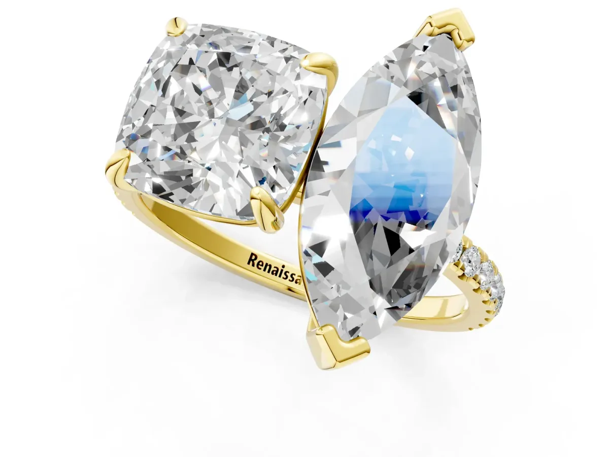 Cushion and Marquise Toi Moi Ring with Prong Setting and Pave Band Yellow gold