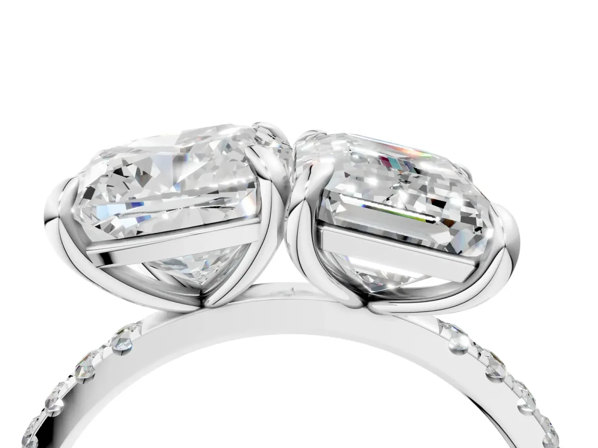 Cushion and Emerald Toi Moi Ring with Prong Setting and Pave Band Platinum