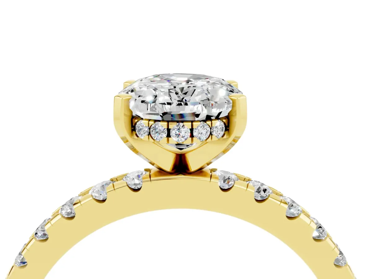 Oval Cut Moissanite Solitaire Ring with Round Pavé Band and Four-Prong Setting Yellow gold