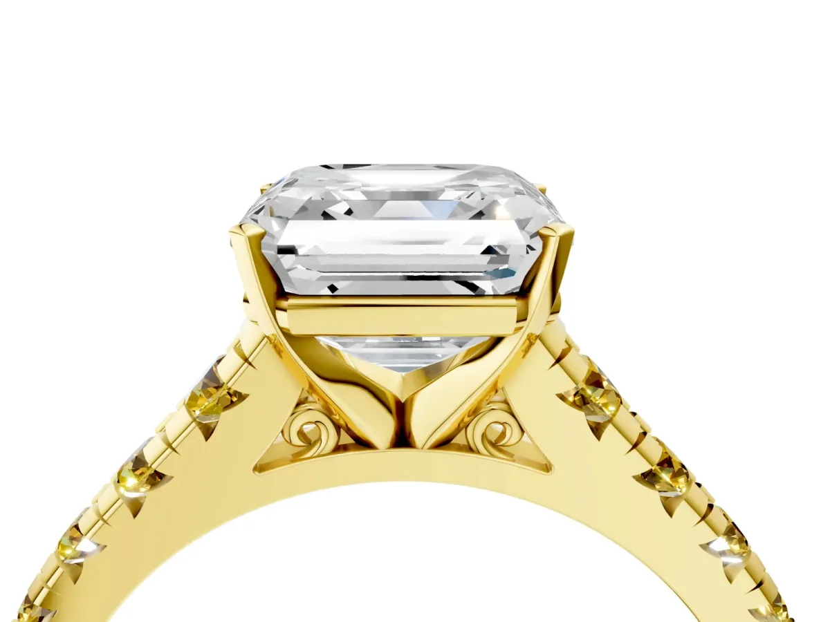 Asscher Cut Diamond Cathedral Solitaire Ring with Round Yellow Sapphire Pavé Band Yellow gold