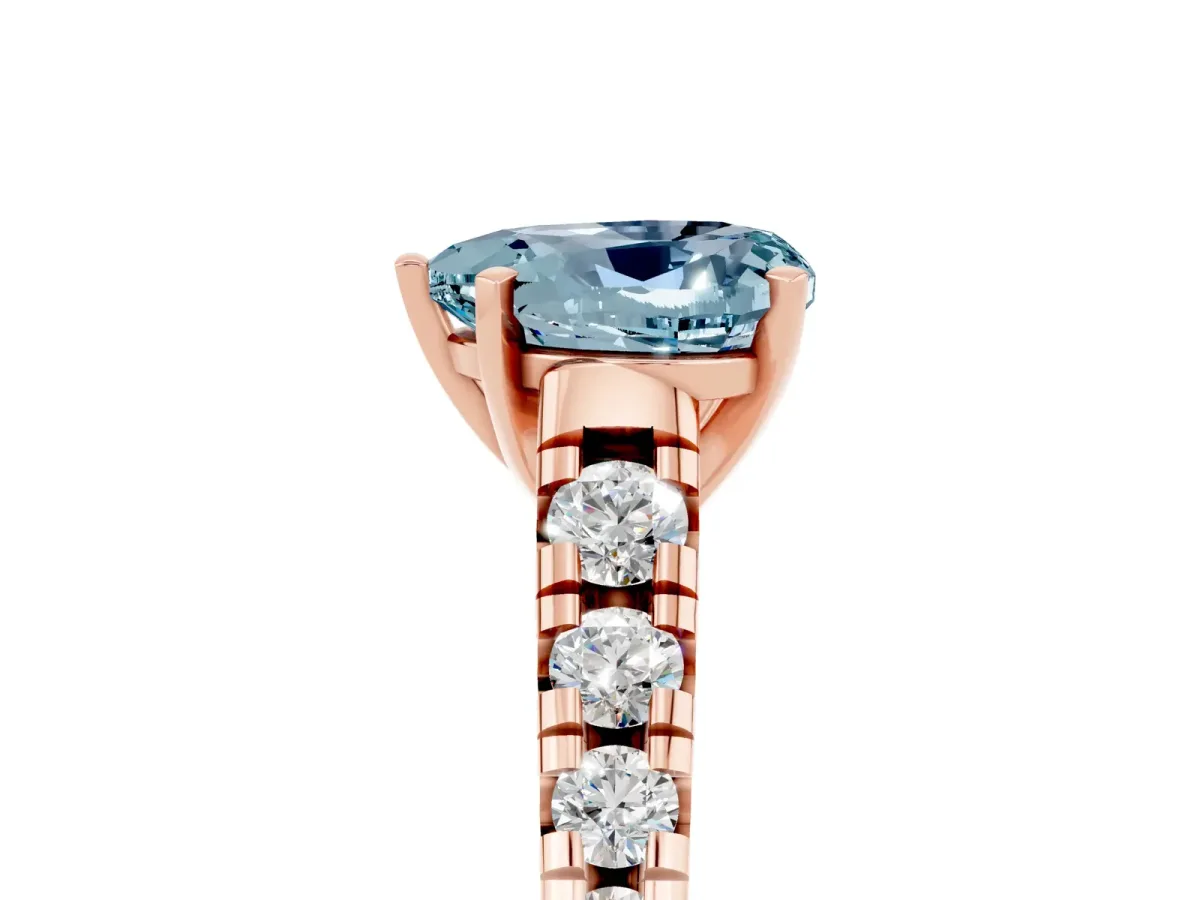 Heart Cut Aquamarine Cathedral Solitaire Ring with Round Pavé Band Rose gold