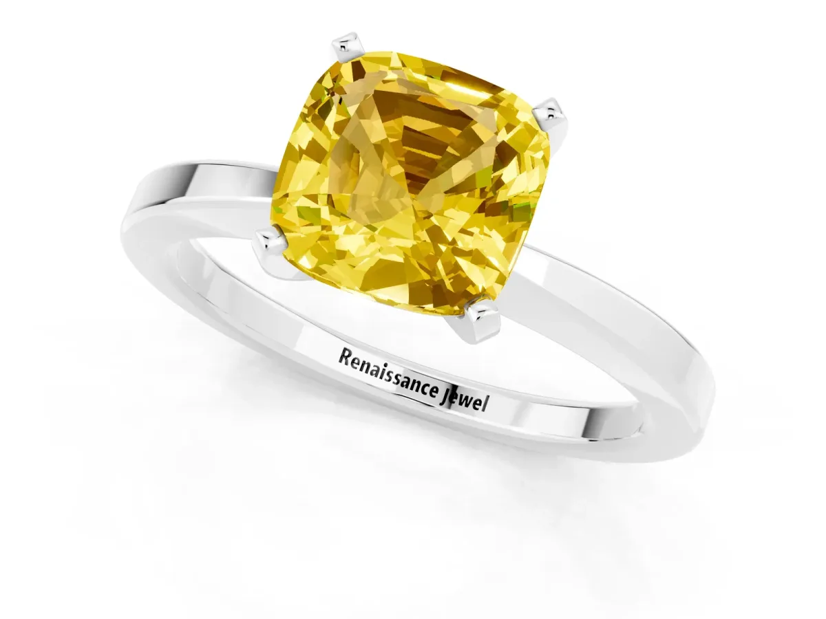 Cushion Cut Yellow Sapphire Solitaire Engagement Ring with Classic Band and Four-Prong Setting White gold