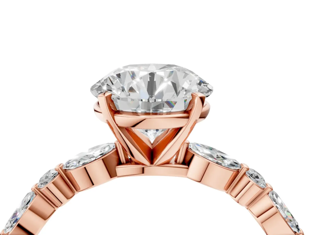 Round Cut Diamond Ring with Marquise and Round Moissanite Side Stones and Four-Prong Setting Rose gold