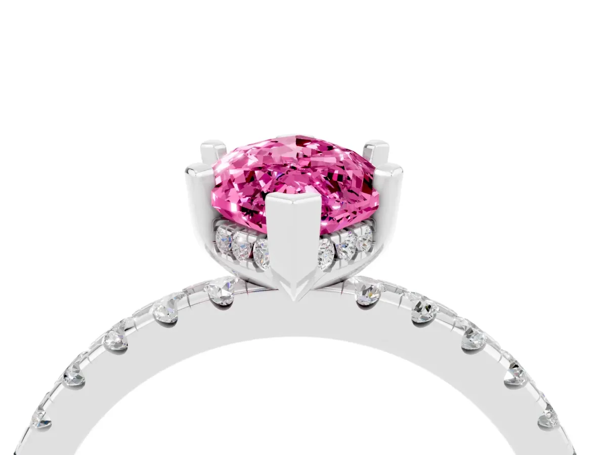 Marquise Cut Pink Sapphire Solitaire Ring with Round Pavé Band and Four-Prong Setting Silver