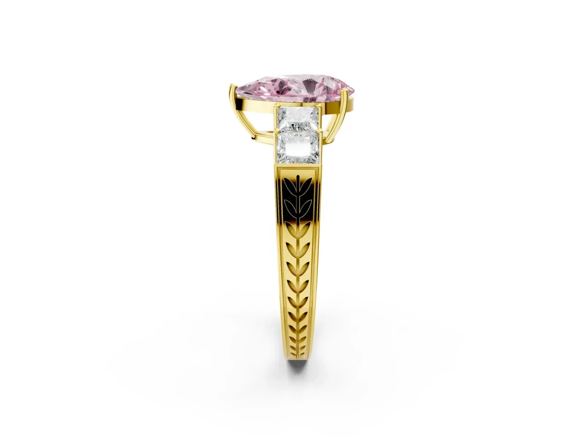 Fancy Pink Pear Cut Solitaire Princess Side Stone Engraved Band Prong Setting Ring Yellow gold