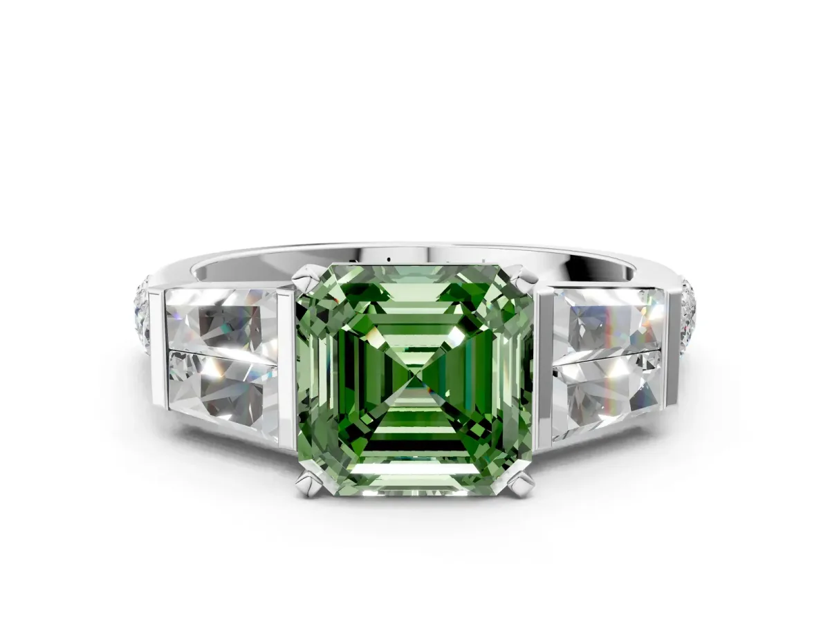 Fancy Green Asscher Cut Diamond Engagement Ring with Baguette Side Stones and Channel Set Band Platinum