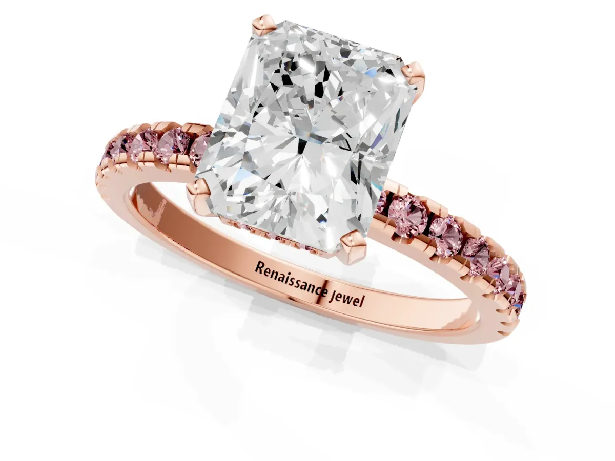 Radiant Cut Diamond Solitaire Ring with Round Morganite Pavé Band and Four-Prong Setting Rose gold