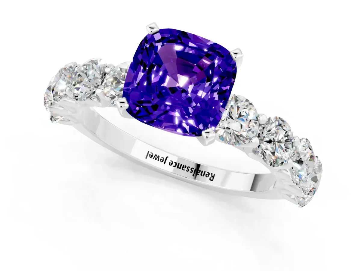 Cushion Cut Tanzanite Prong Setting with Side Stones on a Pave Band Silver