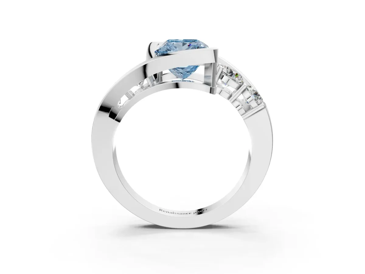 Fancy Blue Bezel Set Princess Cut Diamond Bypass Ring with Round Accents Silver