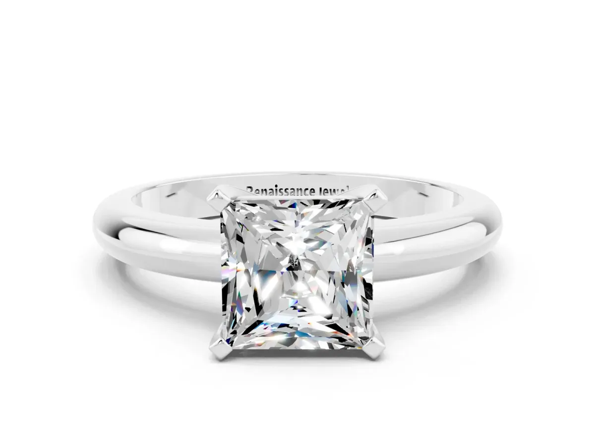 Princess Cut Moissanite Solitaire Engagement Ring with Round Band and Four-Prong Setting White gold