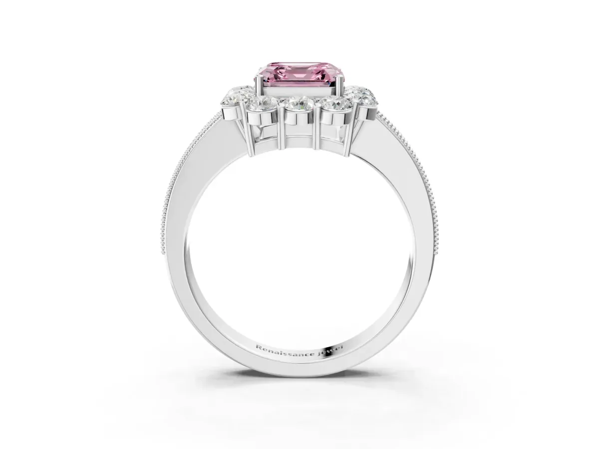 Fancy Pink Asscher Cut Cut Halo Diamond Pavé Engagement Ring with Milgrain Detailing Platinum