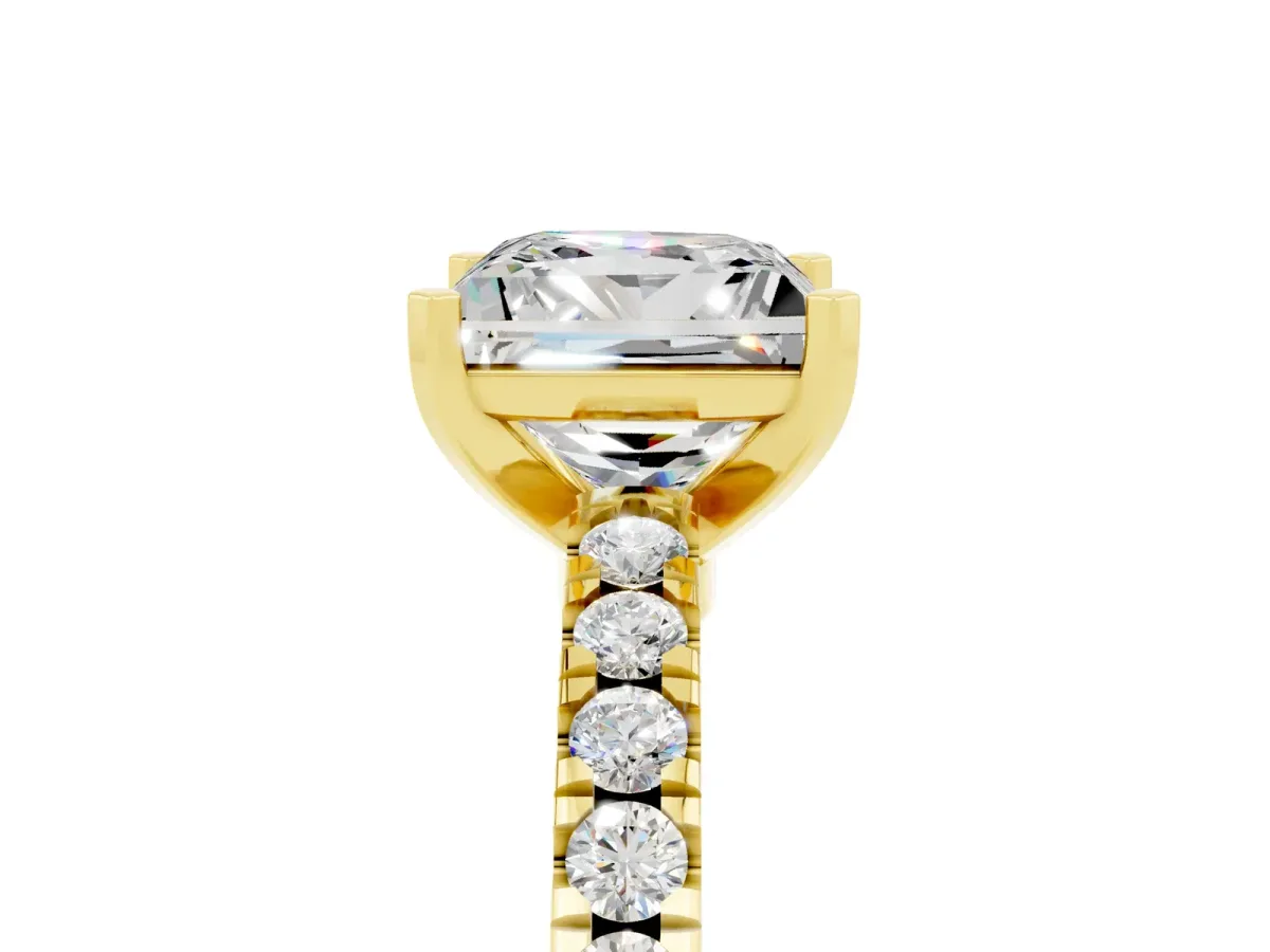 Princess Cut Solitaire Moissanite with Pavé Band and Four-Prong Setting Yellow gold