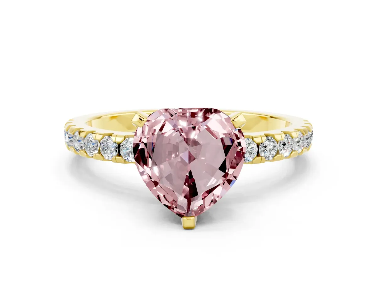 Heart Cut Morganite Solitaire Ring with Round Pavé Band and Four-Prong Setting Yellow gold