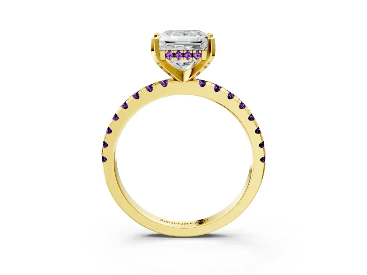 Princess Cut Diamond Solitaire Ring with Round Amethyst Pavé Band and Four-Prong Setting Yellow gold