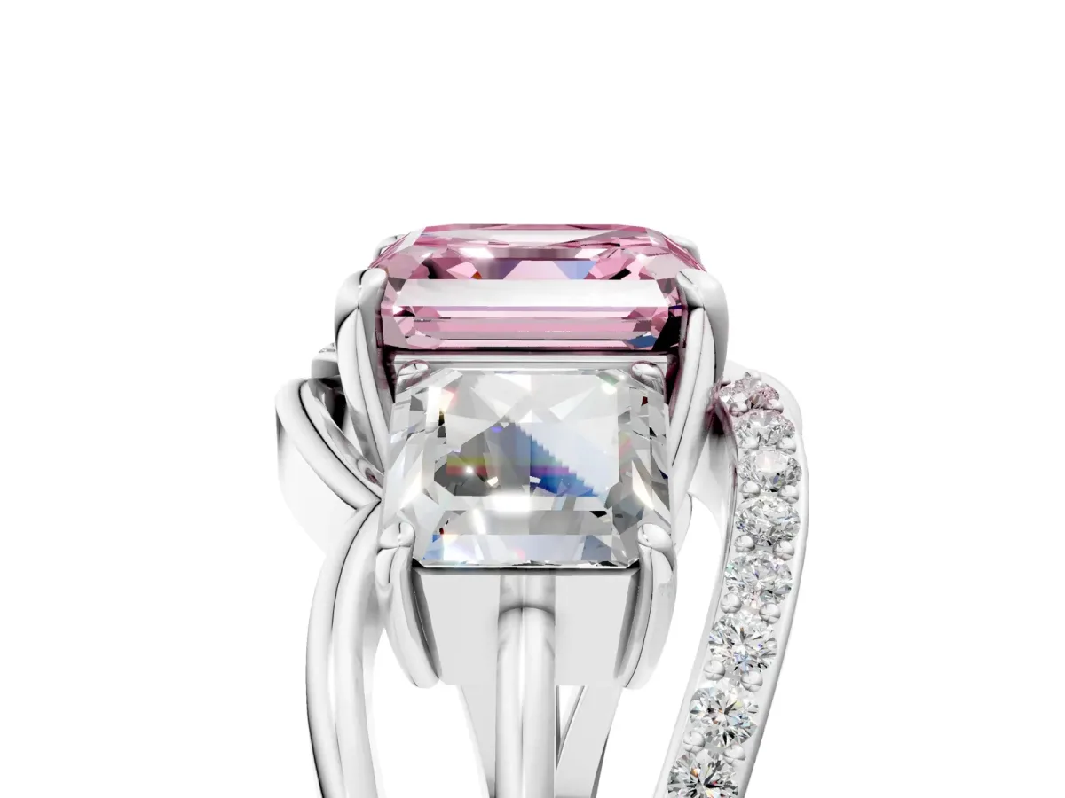Fancy Pink Three-Stone Asscher Cut Cut Diamond Split Shank Prong Set Ring Platinum