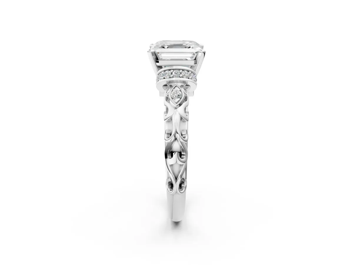 Asscher Cut Diamond Solitaire Ring with Filigree Band and Four-Prong Setting Platinum