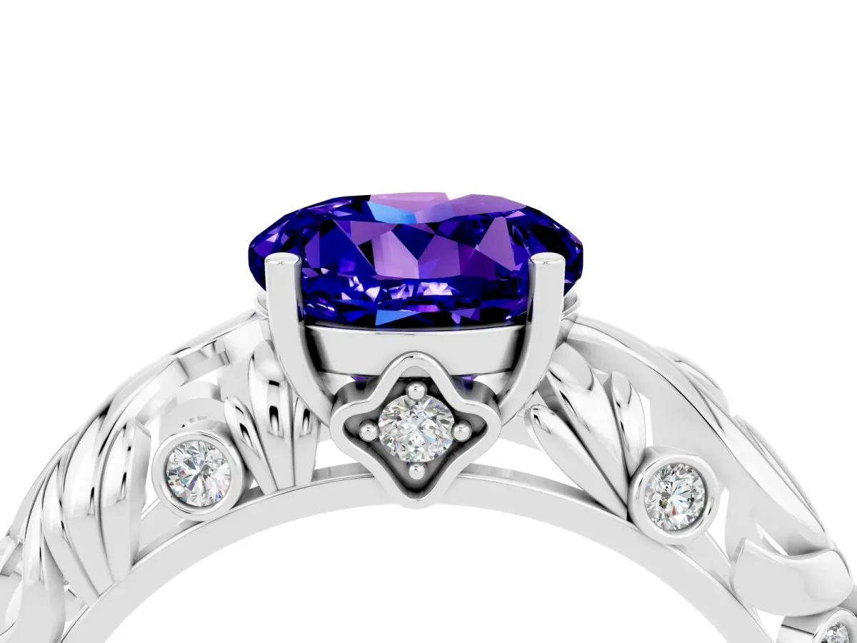 Round Cut Solitaire Tanzanite Leaf-Inspired Vine Band Ring with Prong Setting Silver