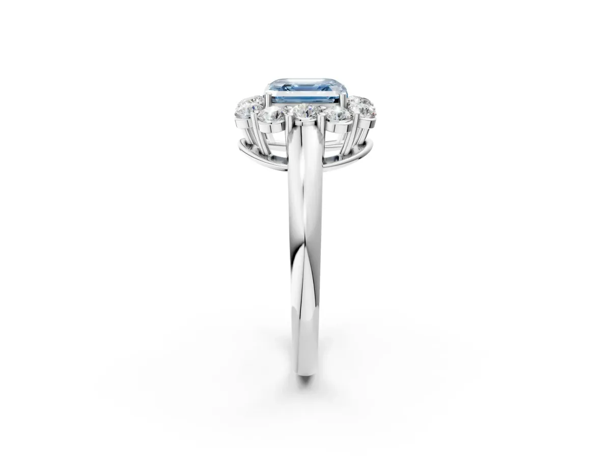 Fancy Blue Asscher Cut Halo Milgrain Solitaire with Bezel Set Side Stones and Pave Band Platinum