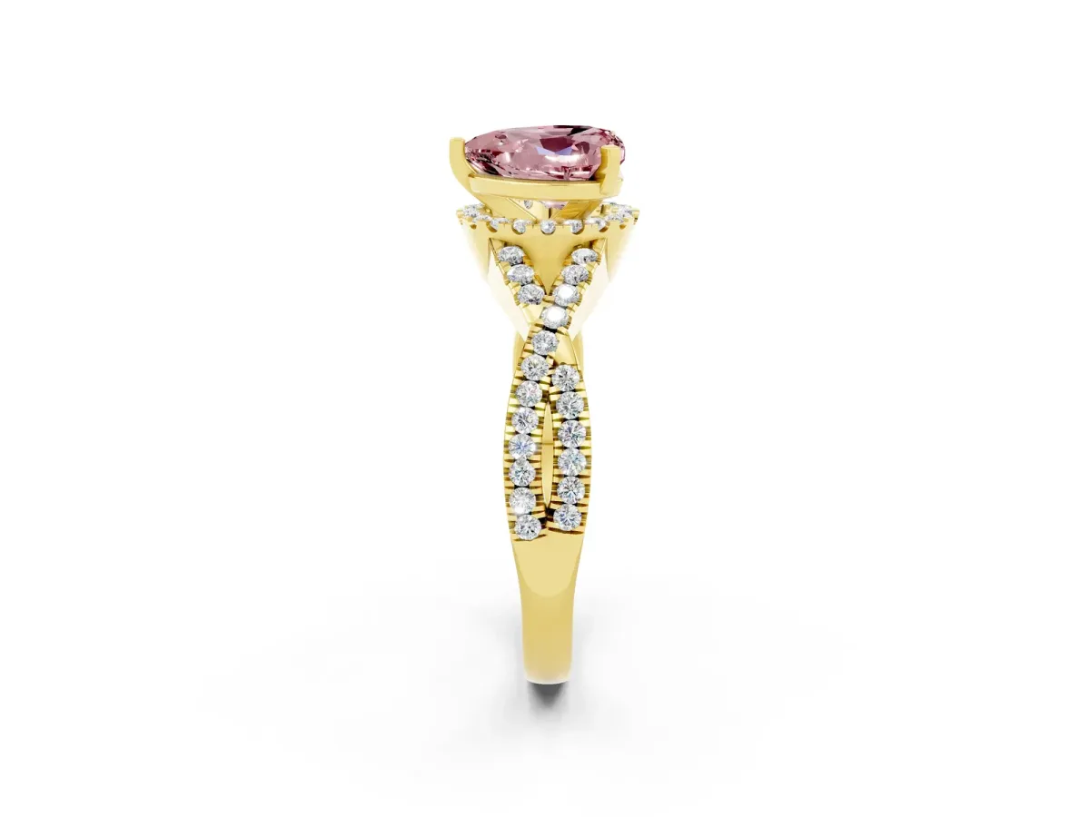 Heart Cut Morganite Halo Twist Band Solitaire Prong Setting Ring Yellow gold