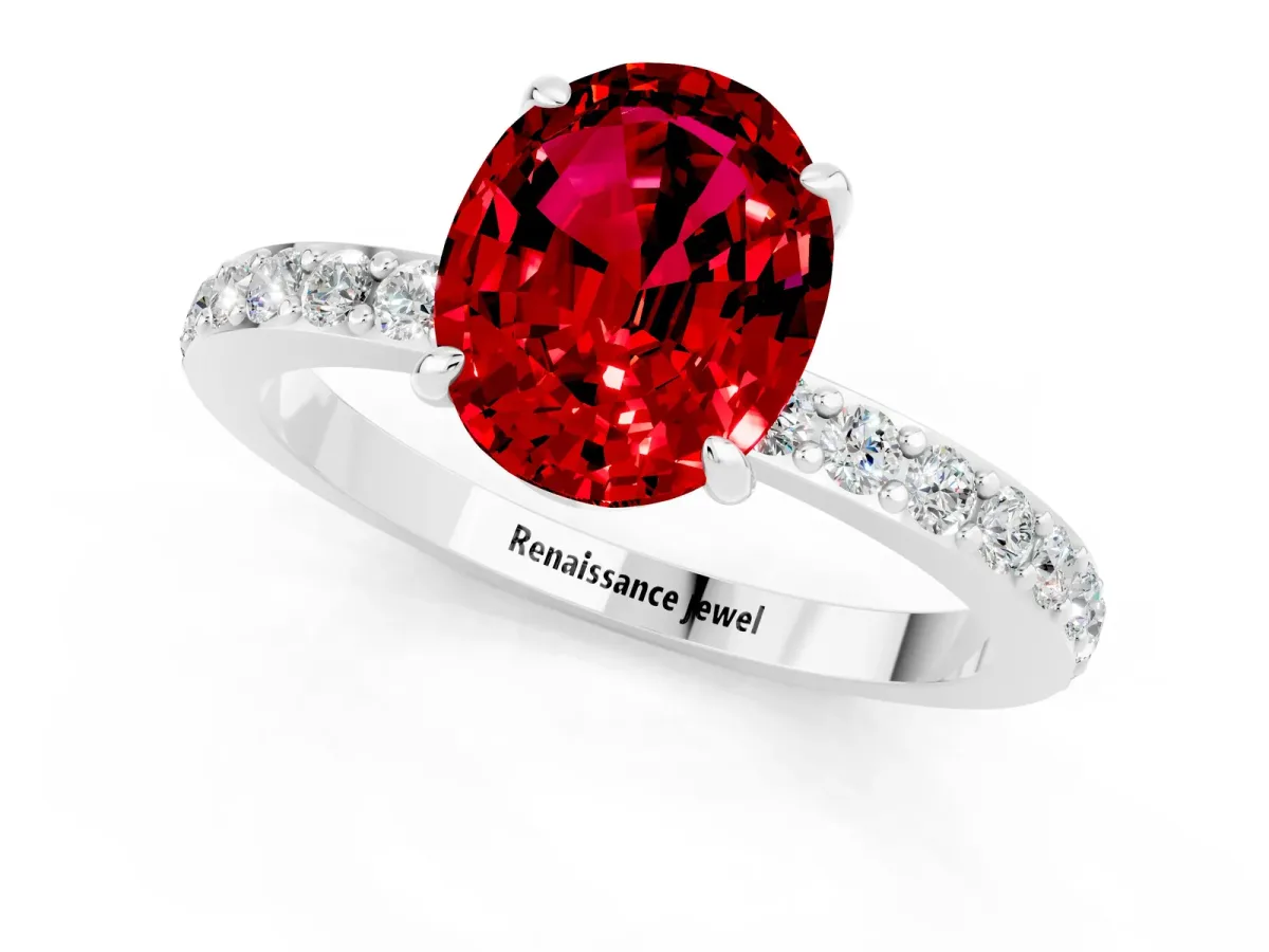 Oval Cut Ruby Solitaire Engagement Ring with Pavé Band and Four-Prong Setting White gold