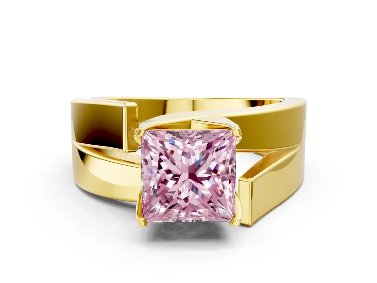 Fancy Pink Modern Tension Set Princess Cut Diamond Solitaire Wide Band Ring Yellow gold