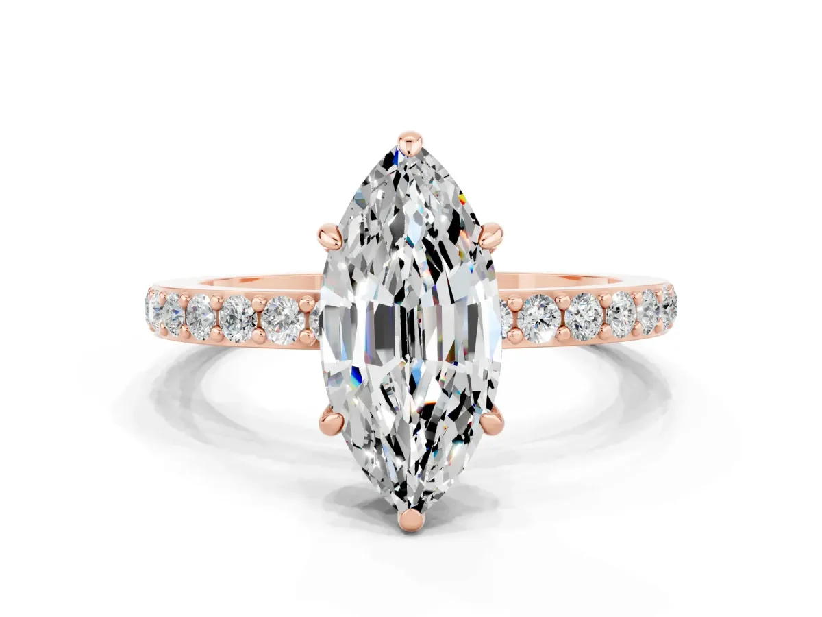 Marquise Cut Moissanite Solitaire Engagement Ring with Pavé Band and Four-Prong Setting Rose gold