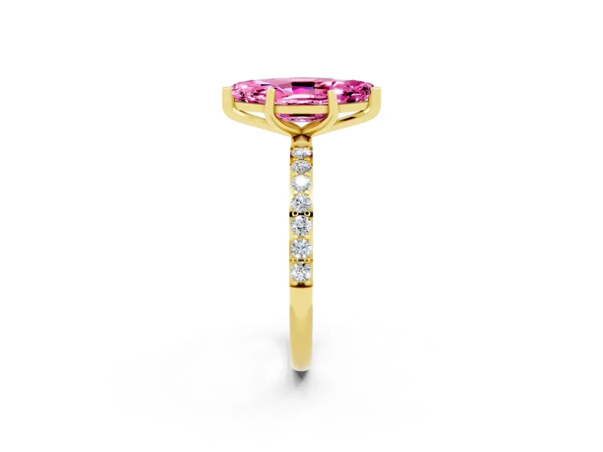 Marquise Cut Pink Sapphire Solitaire Ring with Round Pavé Band and Prong Setting Yellow gold