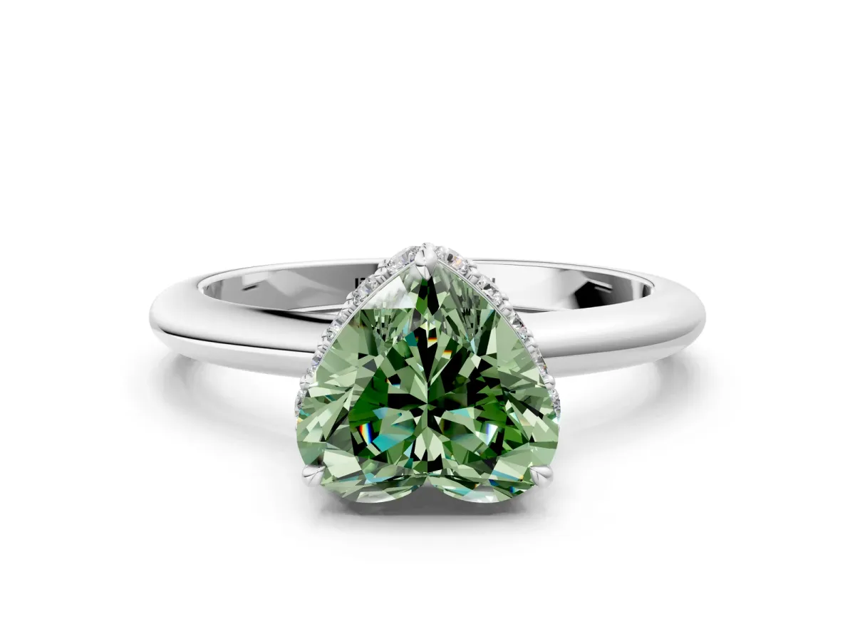 Fancy Green Heart Cut Brilliant Solitaire Engagement Ring with Six-Prong Setting and Classic Band Platinum