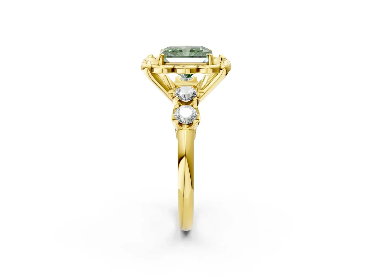 Fancy Green Radiant Cut Cut Diamond Floral Halo Engagement Ring with Shared Prong Setting Yellow gold
