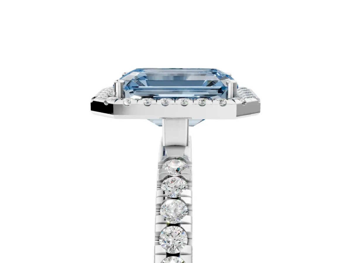 Fancy Blue Emerald Cut Diamond Classic Halo Engagement Ring with Round Pavé Band and Prong Setting White gold