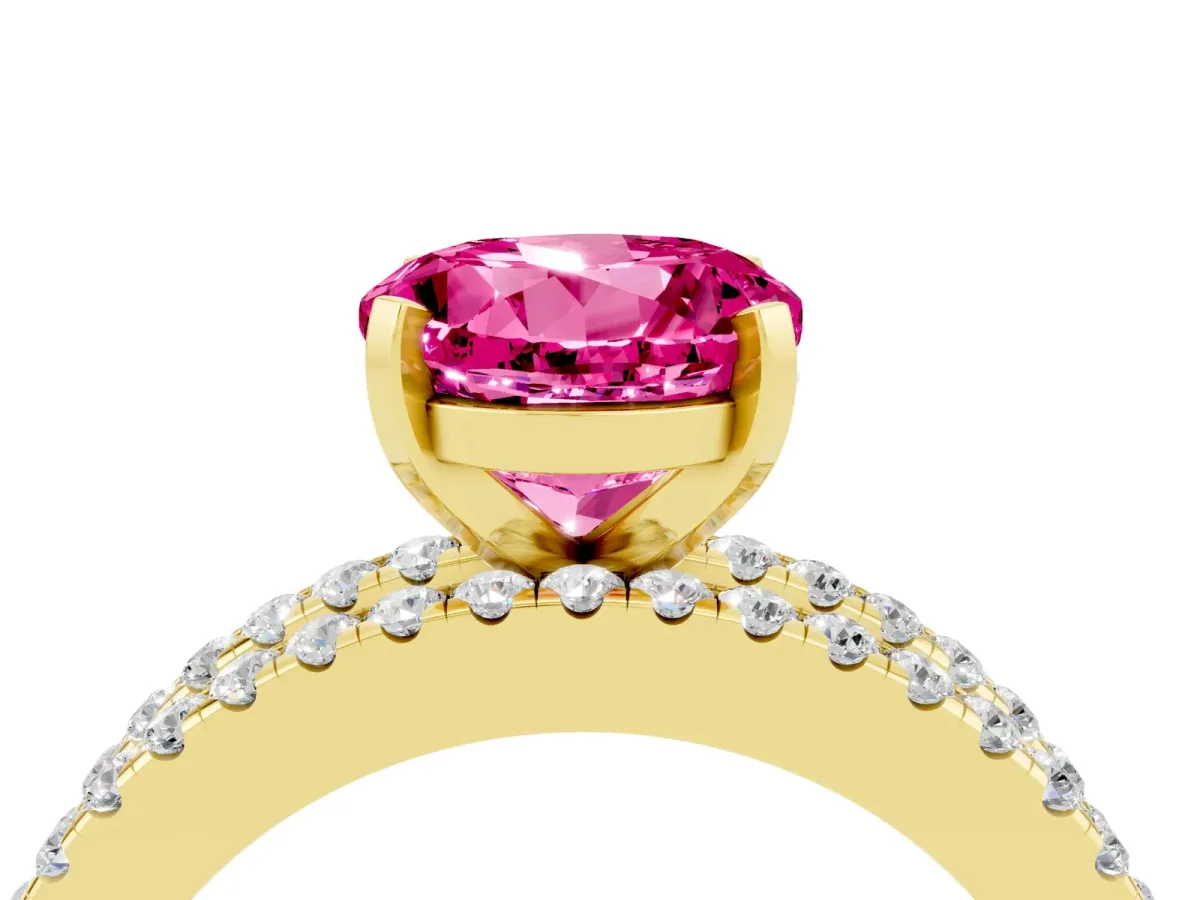 Round Cut Pink Sapphire Solitaire Ring with Pavé and Channel Set Band Yellow gold