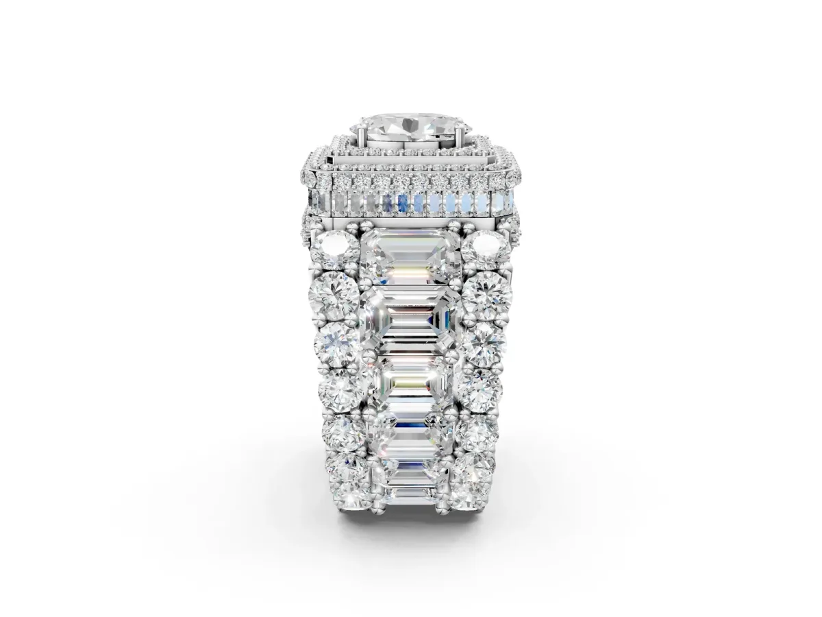 Oval Diamond Halo Mens Ring with Baguette Side Stones White gold