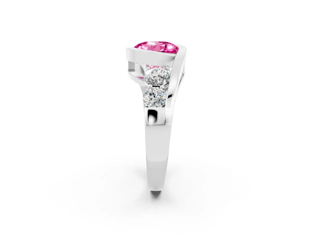 Bezel Set Round Cut Pink Sapphire Bypass Ring with Round Accents Silver