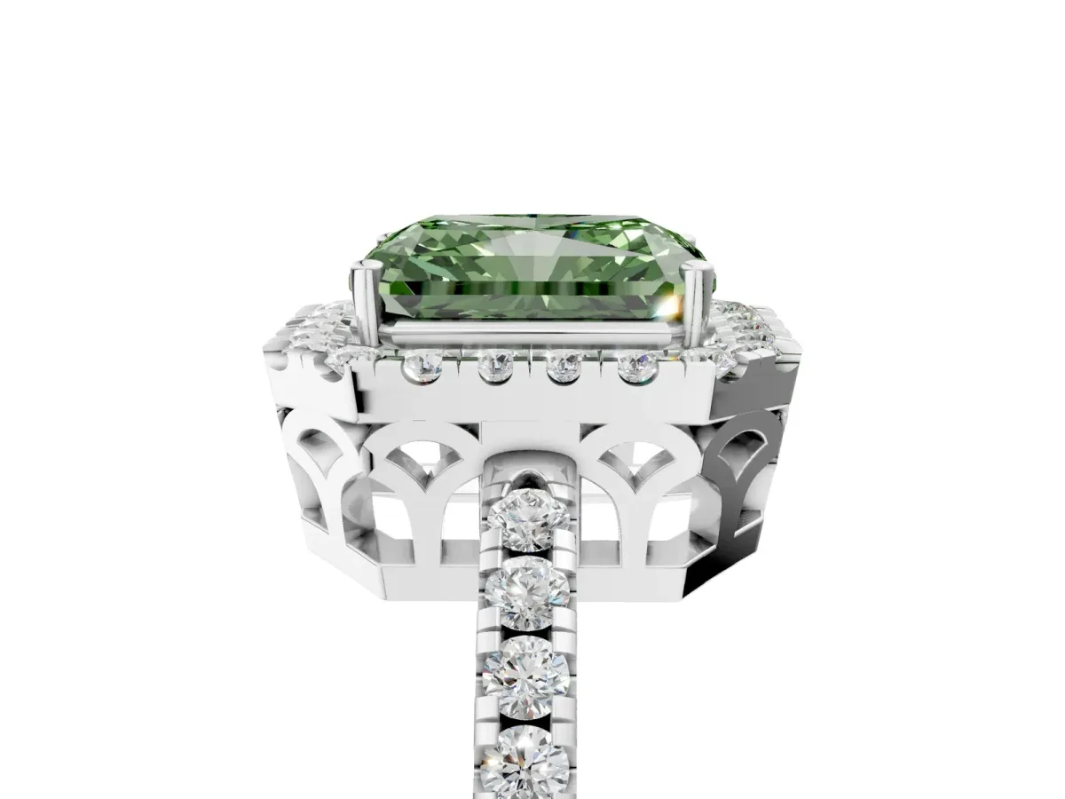 Fancy Green Radiant Cut Halo Diamond Engagement Ring with Pavé Band and Four-Prong Setting Platinum