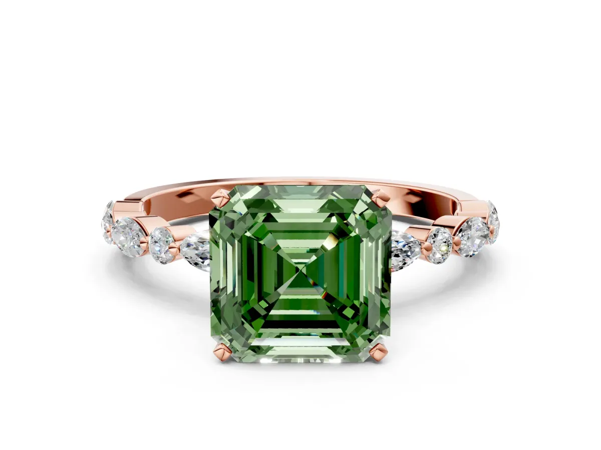 Fancy Green Asscher Cut Diamond Ring with Marquise and Round Side Stones and Four-Prong Setting Rose gold
