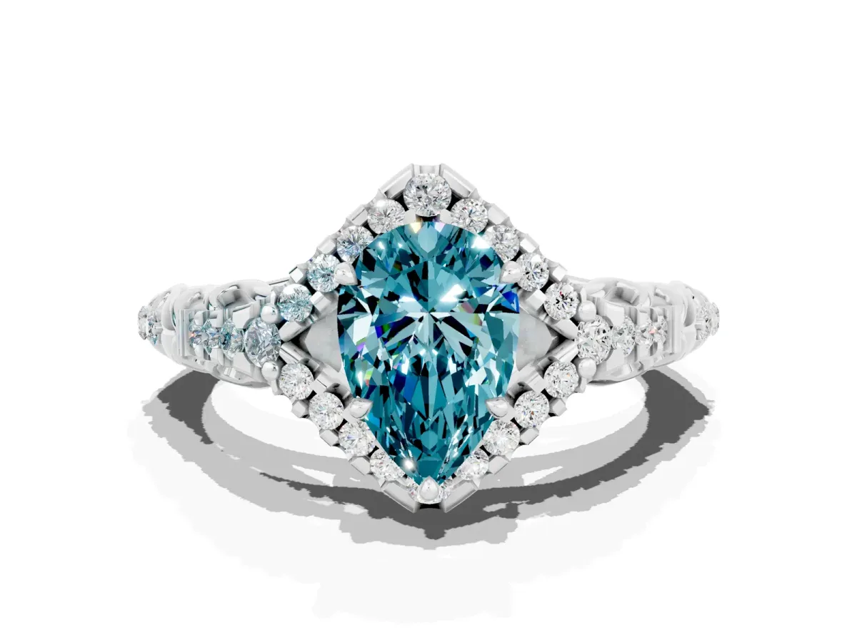 Pear Cut Blue Topaz Solitaire Ring with Hidden Halo and Pavé Band White gold